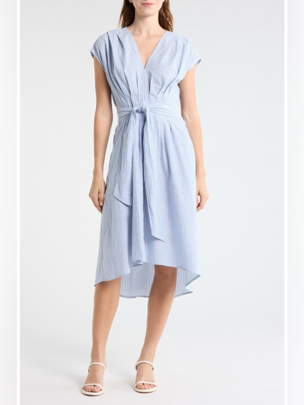 Max Studio Stripe Tie Front Cotton Blend Dress Size Medium Blue White NWOT